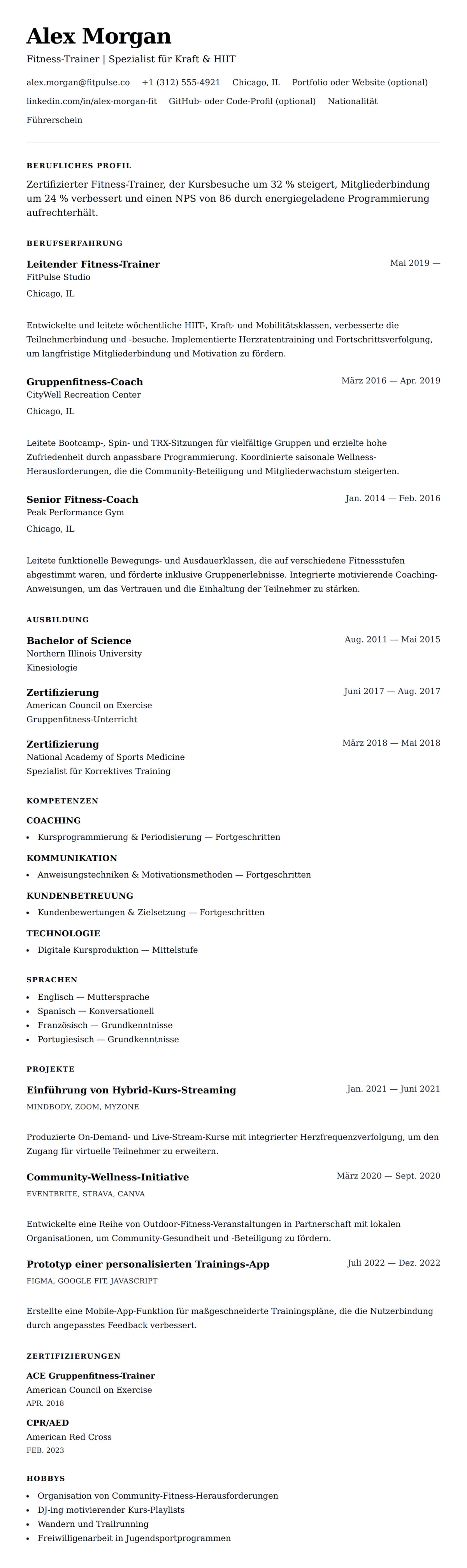 Lebenslaufvorschau für Fitness-Trainer-Lebenslauf-Beispiel