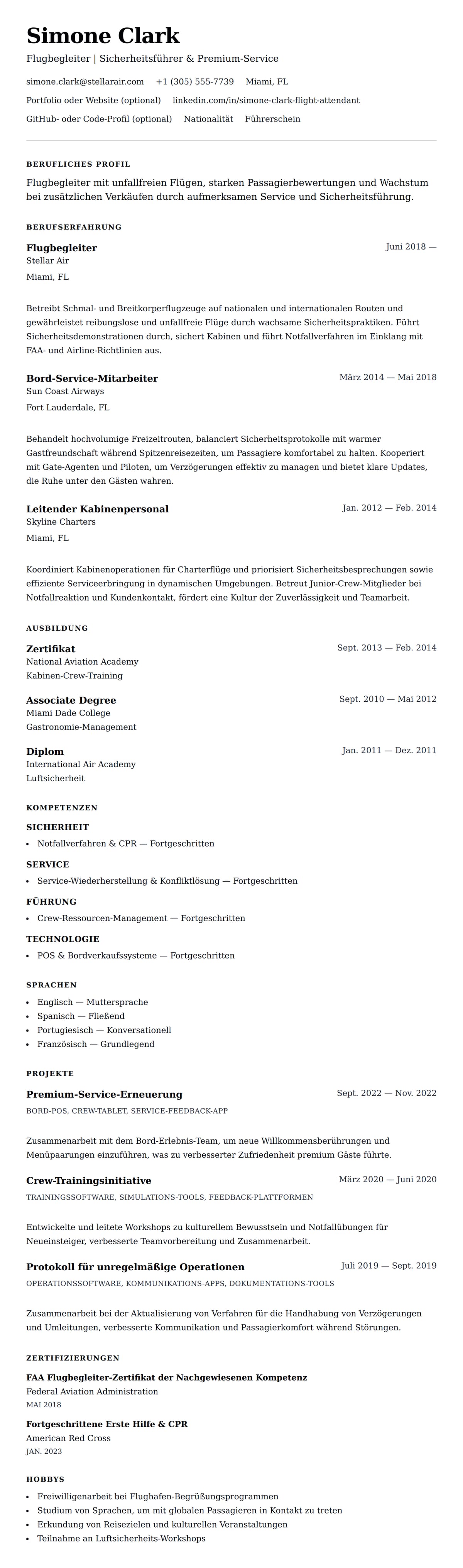 Lebenslaufvorschau für Flugbegleiter Lebenslauf Beispiel