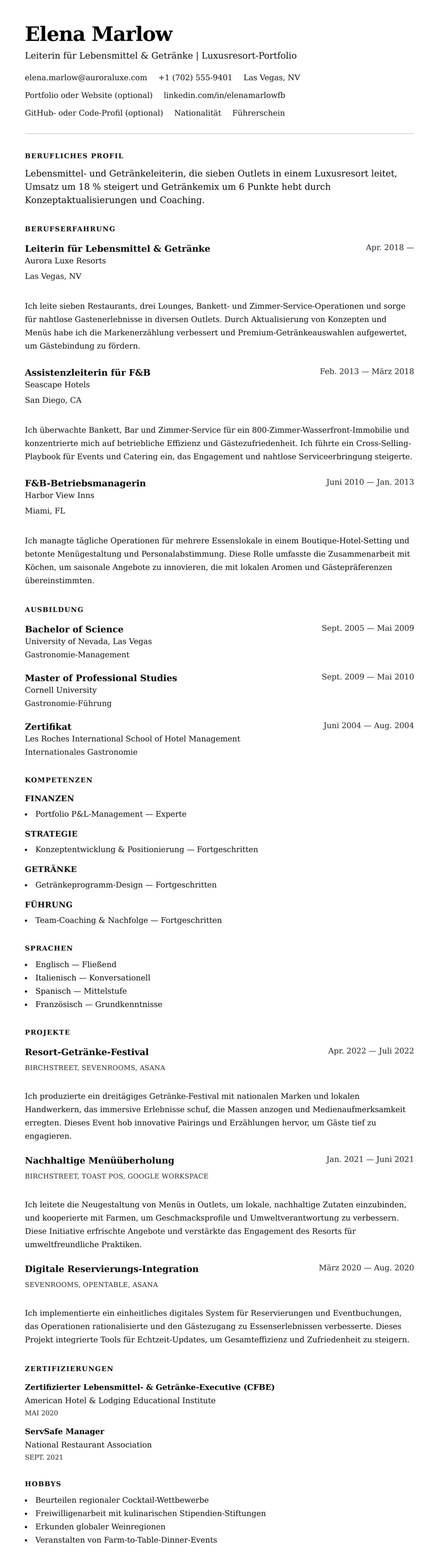 Lebenslaufvorschau für Lebensmittel- und Getränkeleiter Lebenslaufbeispiel