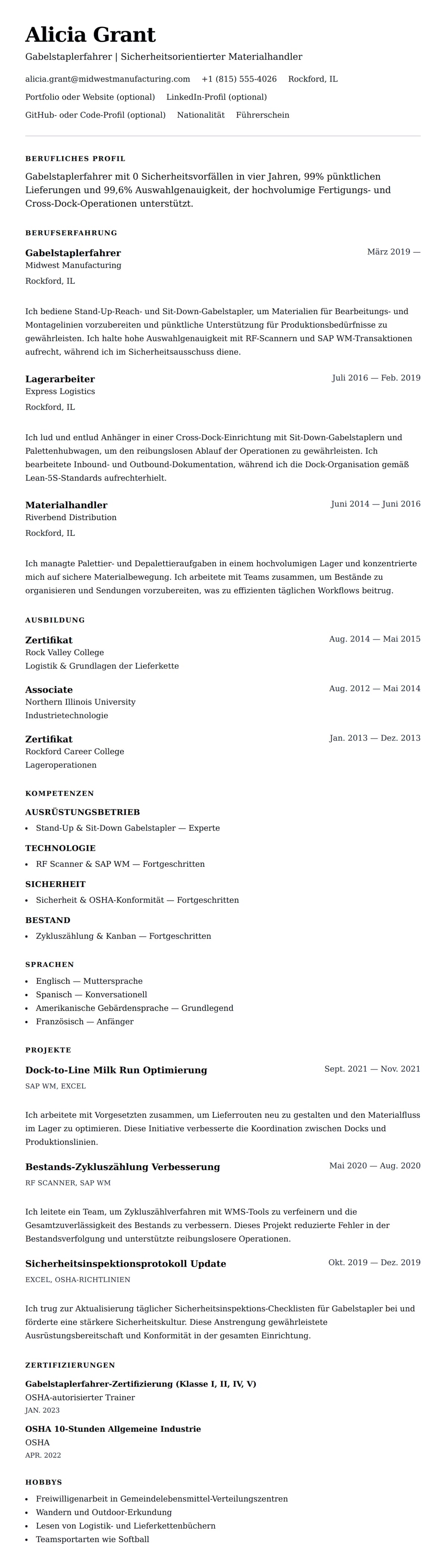 Lebenslaufvorschau für Gabelstaplerfahrer Lebenslauf-Beispiel