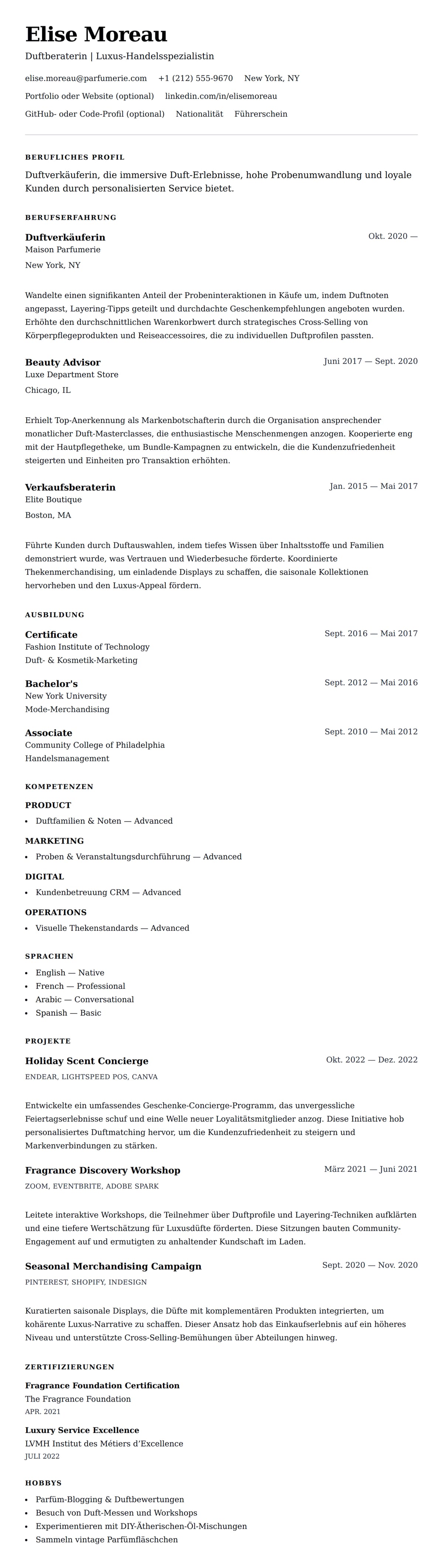 Lebenslaufvorschau für Beispiel-Lebenslauf für Duftverkäufer