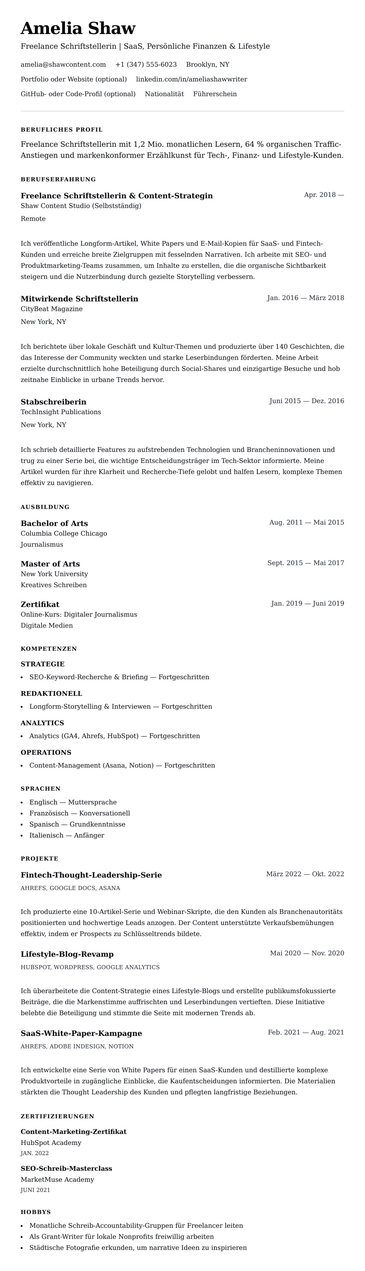 Lebenslaufvorschau für Lebenslaufbeispiel für Freelance Schriftsteller