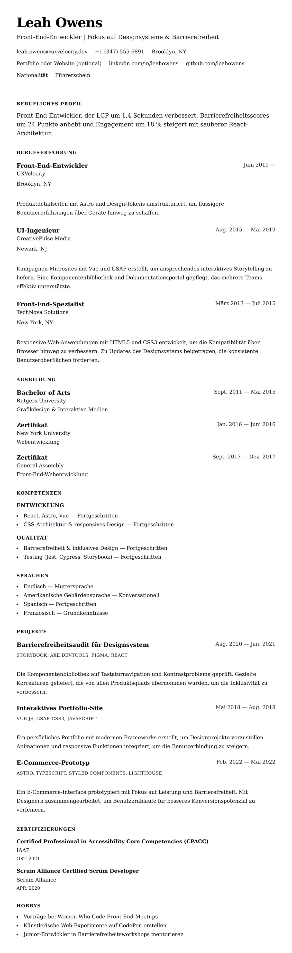 Lebenslaufvorschau für Lebenslaufbeispiel für Front-End-Entwickler