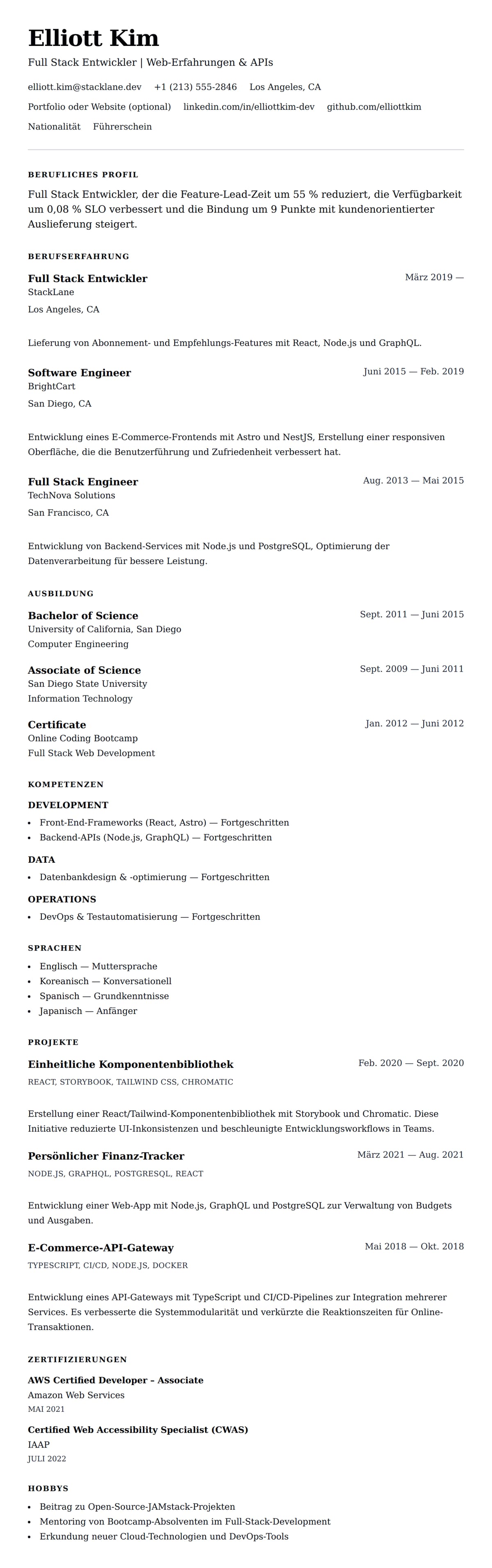 Lebenslaufvorschau für Lebenslauf-Beispiel für Full Stack Entwickler