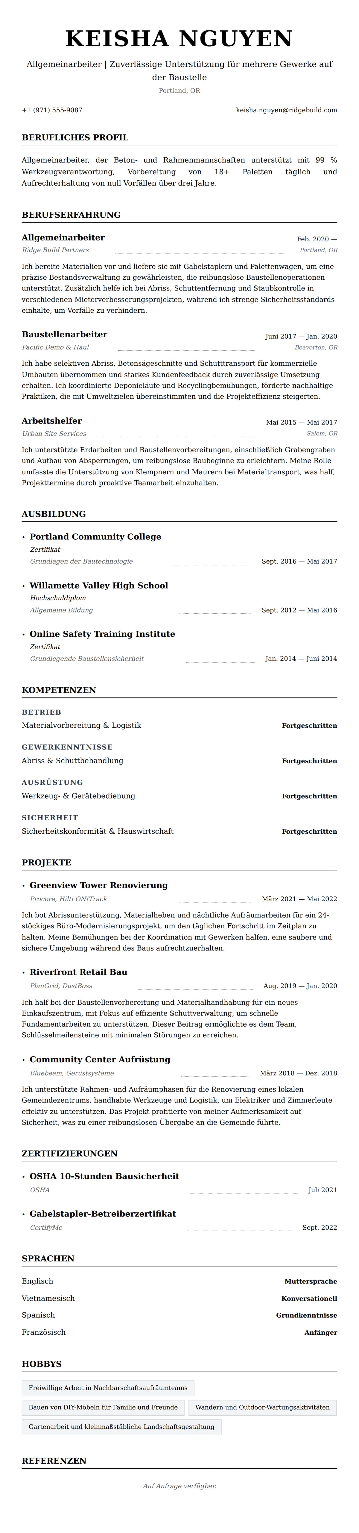 Lebenslaufvorschau für Allgemeinarbeiter Lebenslauf-Beispiel