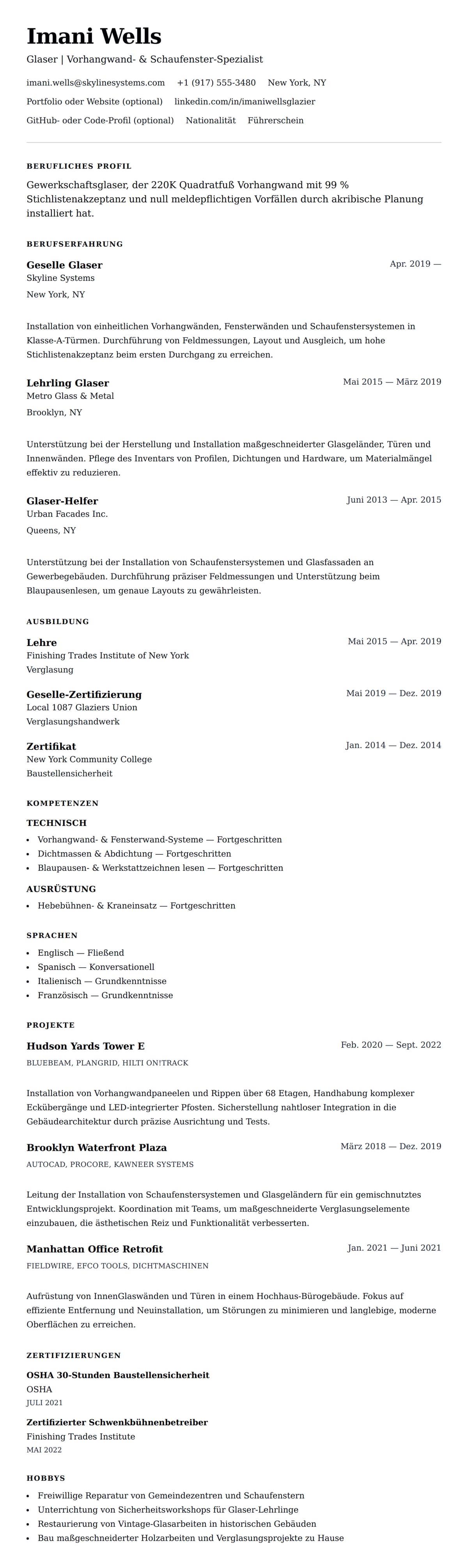 Lebenslaufvorschau für Glaser-Lebenslauf-Beispiel