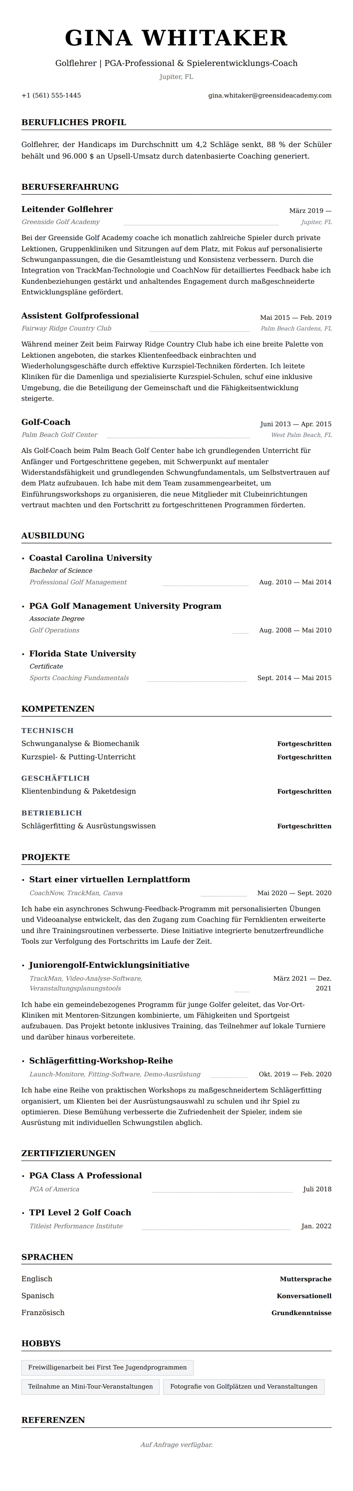 Lebenslaufvorschau für Lebenslaufbeispiel für Golflehrer