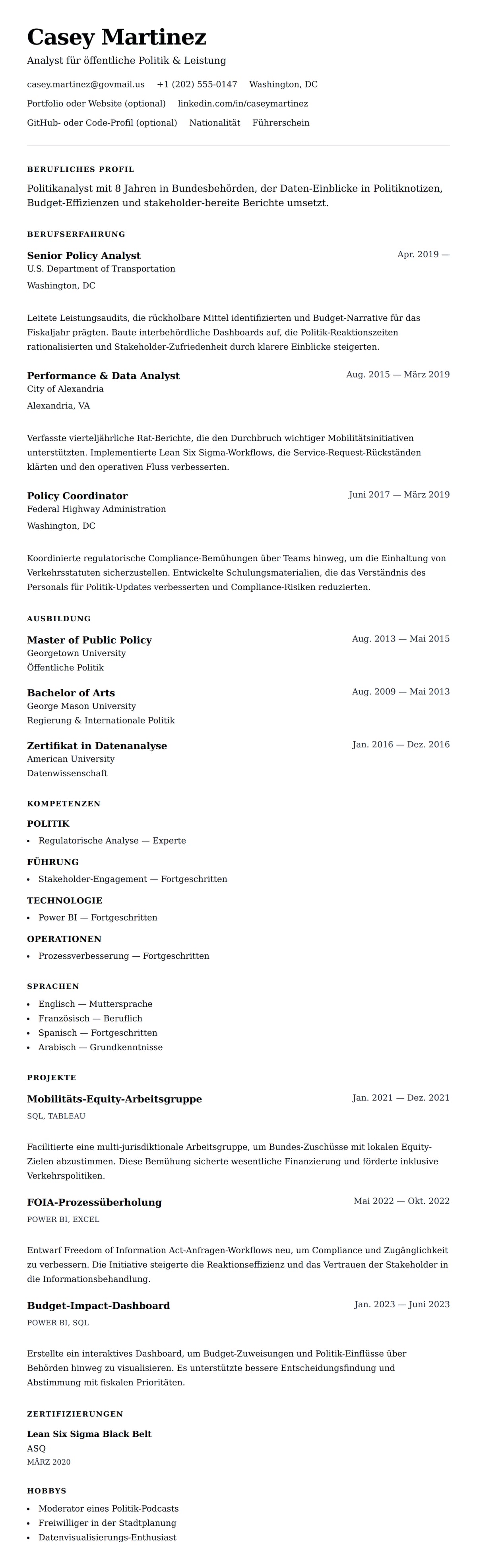 Lebenslaufvorschau für Beispiel-Lebenslauf für Regierungsanalysten