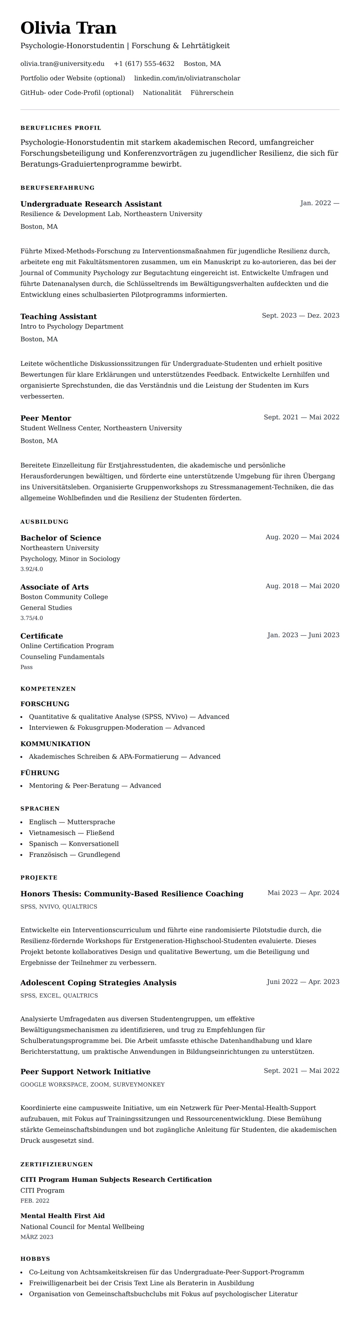 Lebenslaufvorschau für Lebenslaufbeispiel für Bewerber um eine Graduiertenschule