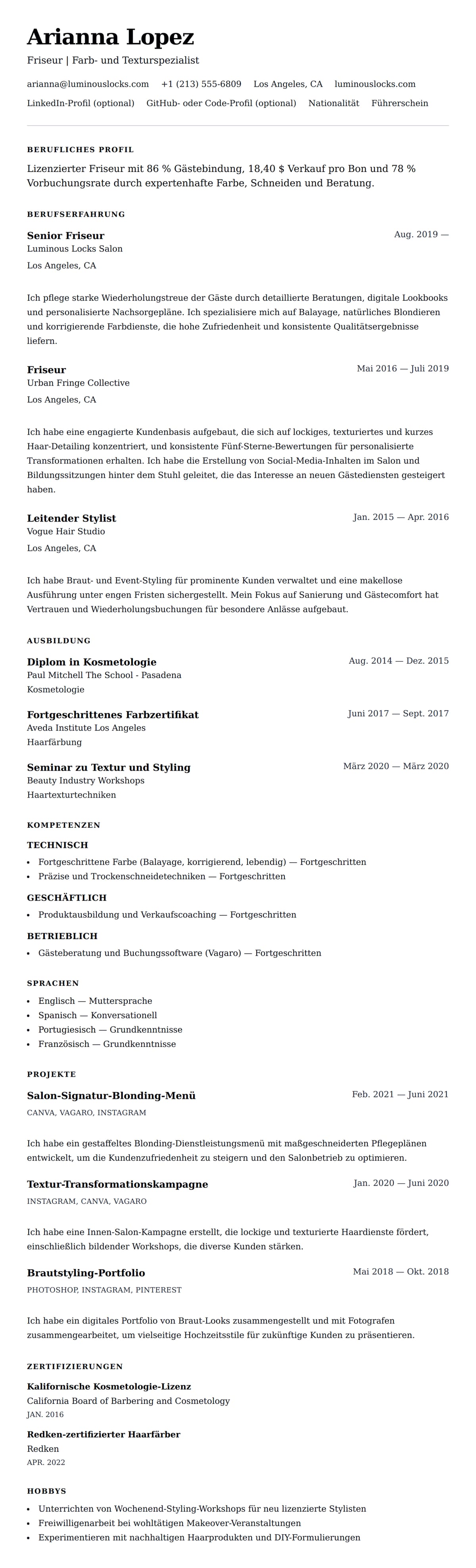 Lebenslaufvorschau für Friseur-Lebenslauf-Beispiel