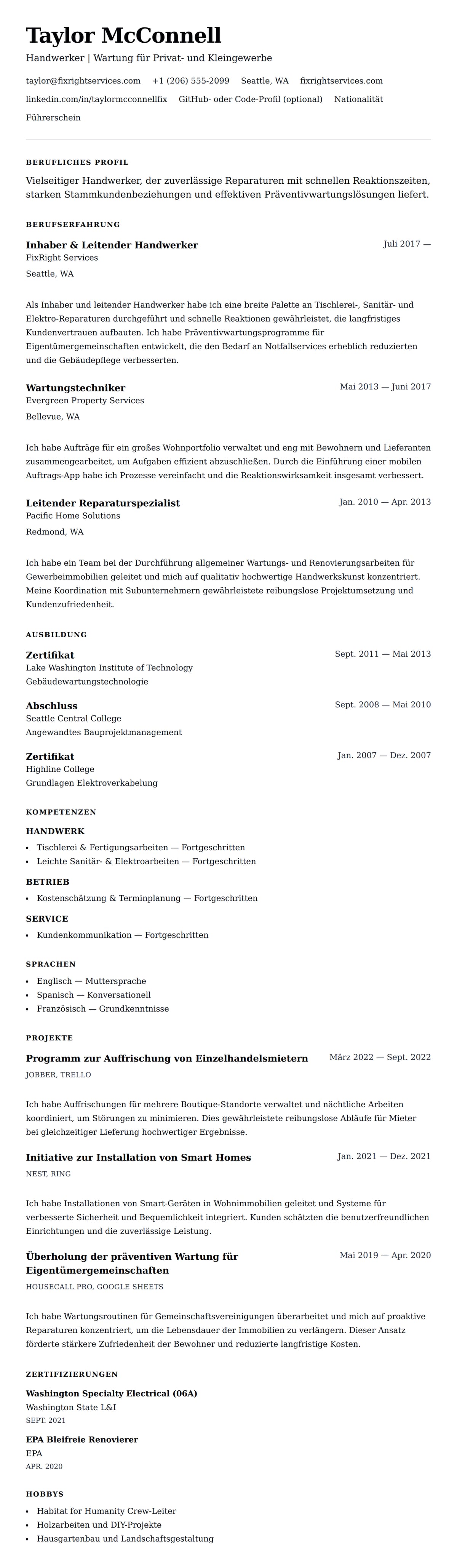 Lebenslaufvorschau für Handwerker-Lebenslauf-Beispiel