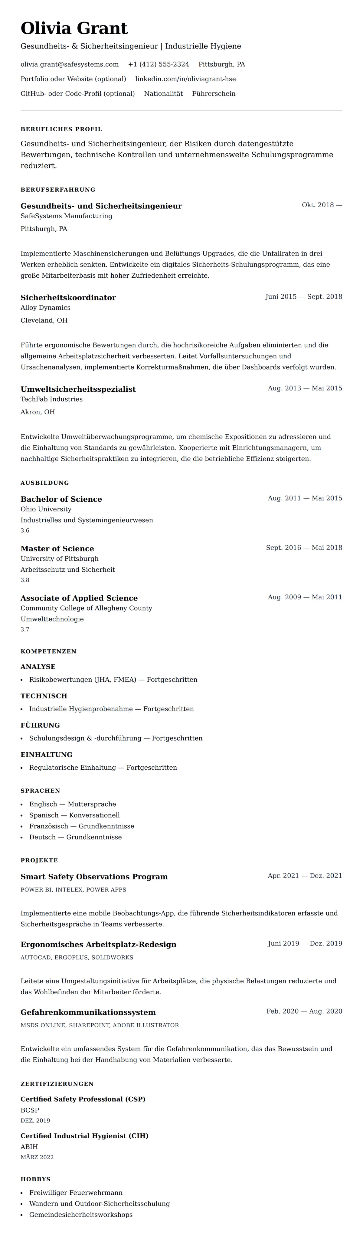 Lebenslaufvorschau für Lebenslaufbeispiel für Gesundheits- und Sicherheitsingenieur