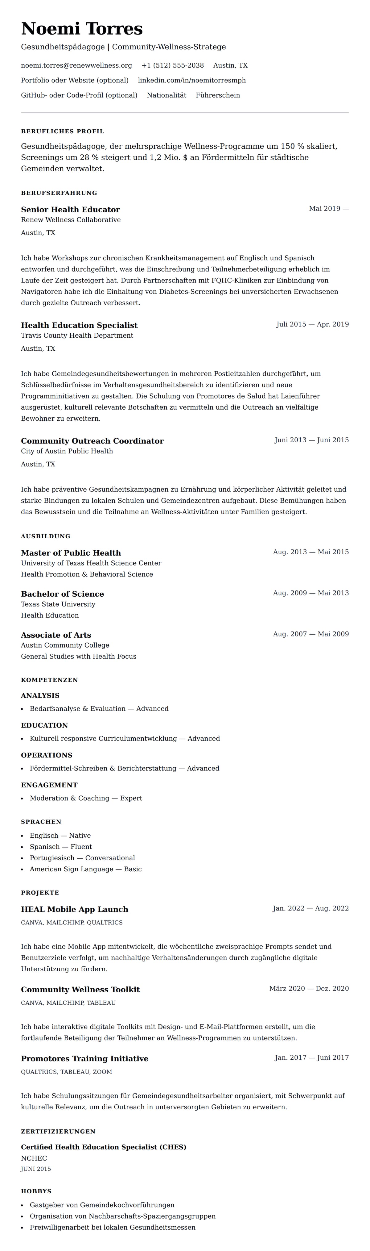 Lebenslaufvorschau für Beispiel-Lebenslauf Gesundheitspädagoge