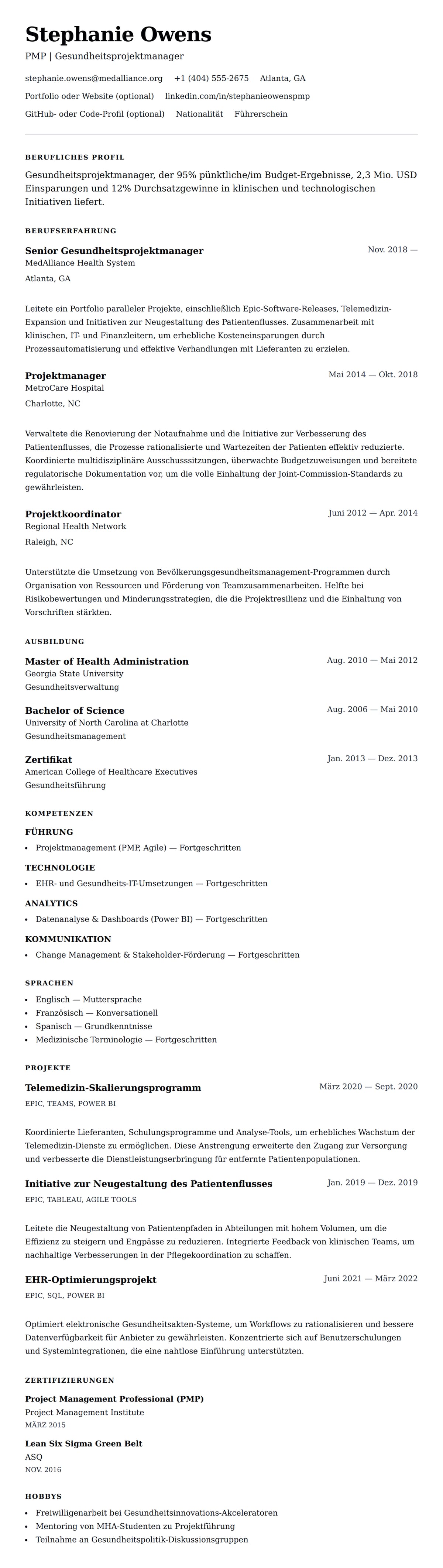 Lebenslaufvorschau für Lebenslaufbeispiel für Gesundheitsprojektmanager