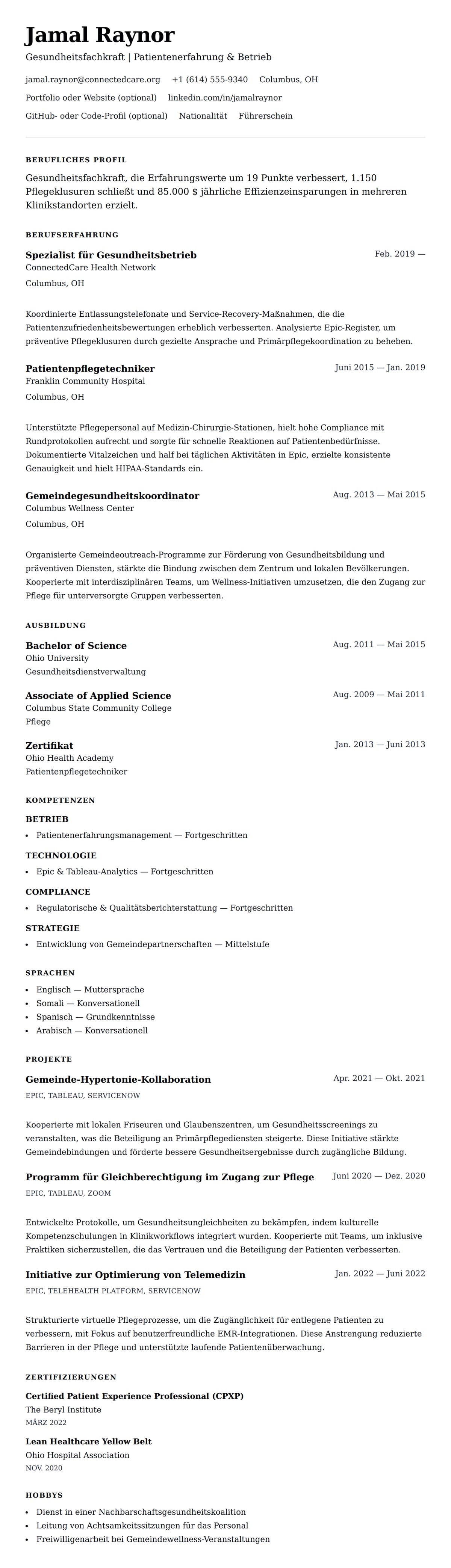 Lebenslaufvorschau für Lebenslaufbeispiel für Gesundheitsfachkräfte