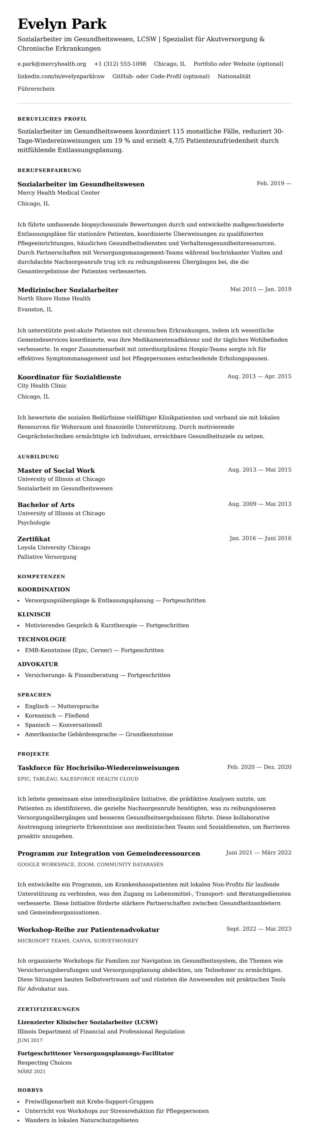 Lebenslaufvorschau für Lebenslaufbeispiel für Sozialarbeiter im Gesundheitswesen