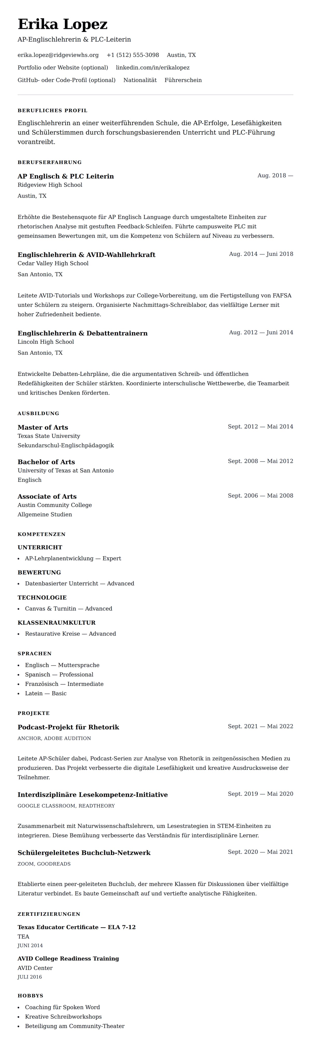 Lebenslaufvorschau für Beispiel-Lebenslauf für einen Lehrer an einer weiterführenden Schule