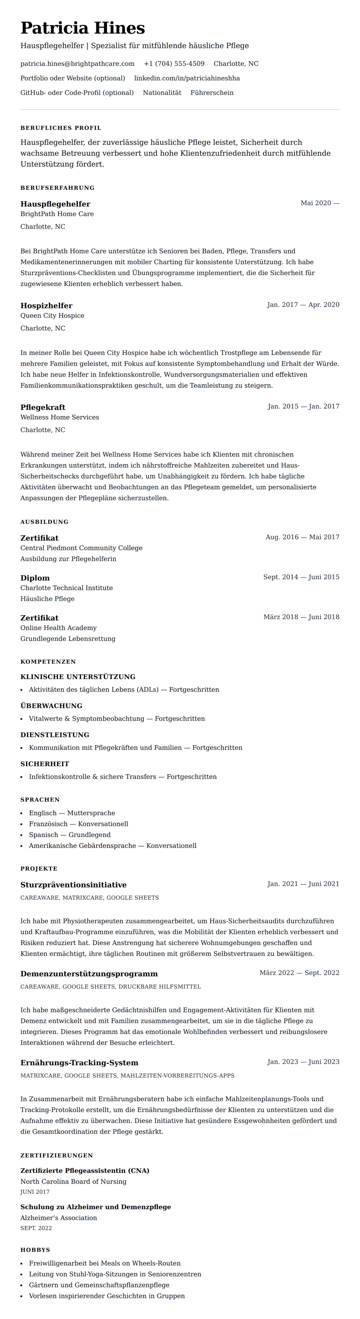 Lebenslaufvorschau für Hauspflegehelfer Lebenslauf-Beispiel