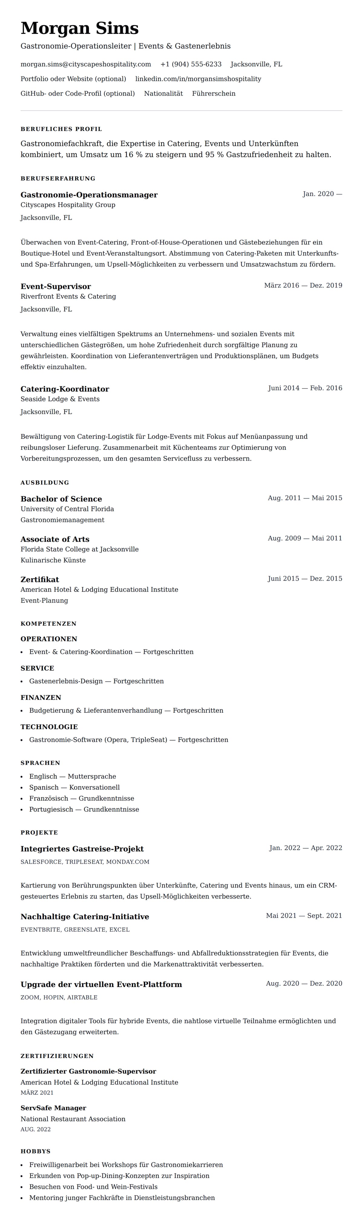 Lebenslaufvorschau für Lebenslaufbeispiel für Gastronomie- und Catering-Fachkräfte