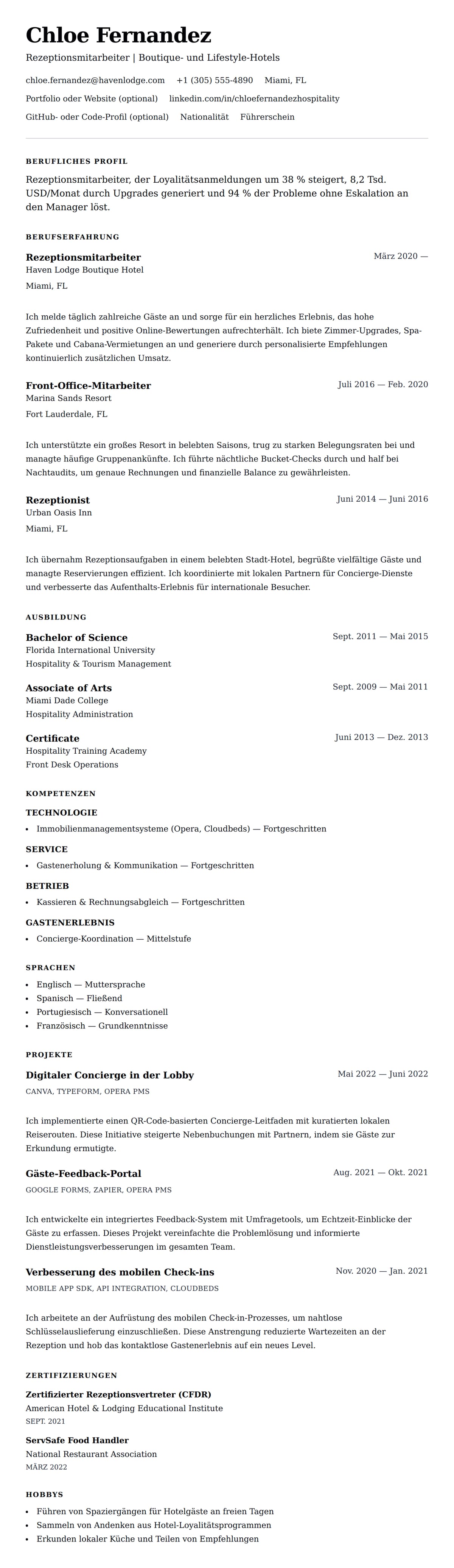 Lebenslaufvorschau für Lebenslaufbeispiel für Hotelrezeptionisten
