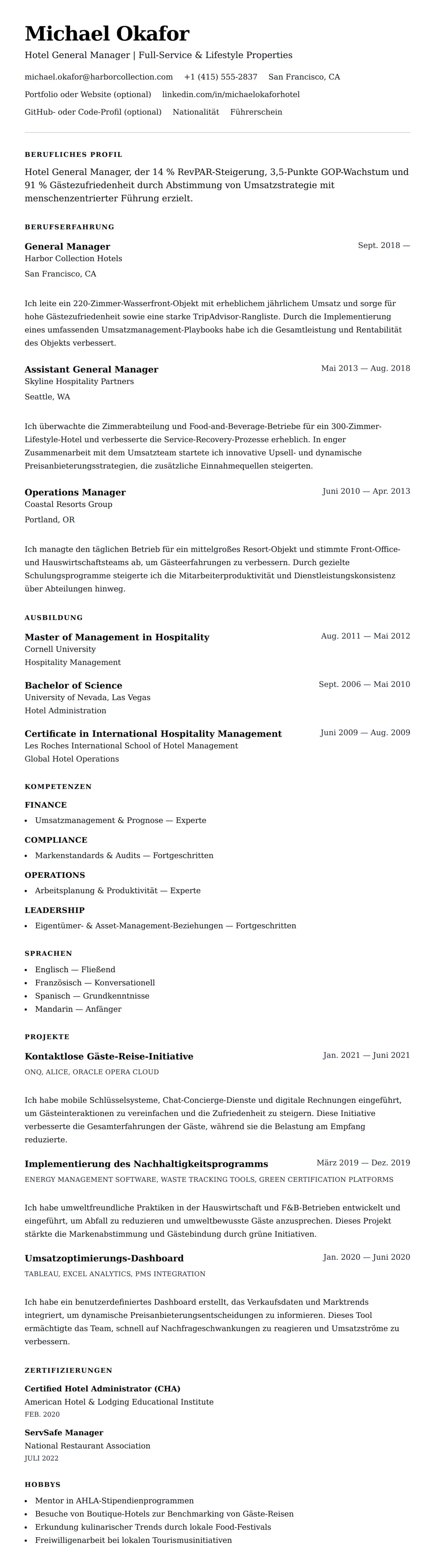 Lebenslaufvorschau für Hotel Management Lebenslauf-Beispiel