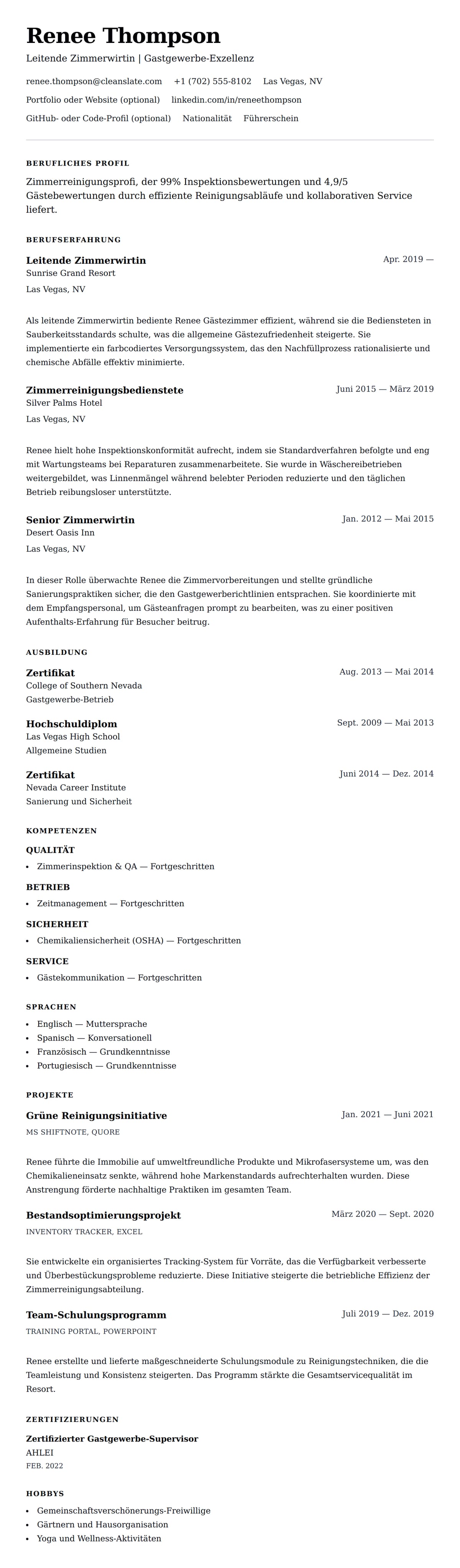 Lebenslaufvorschau für Zimmerreinigung Lebenslaufbeispiel