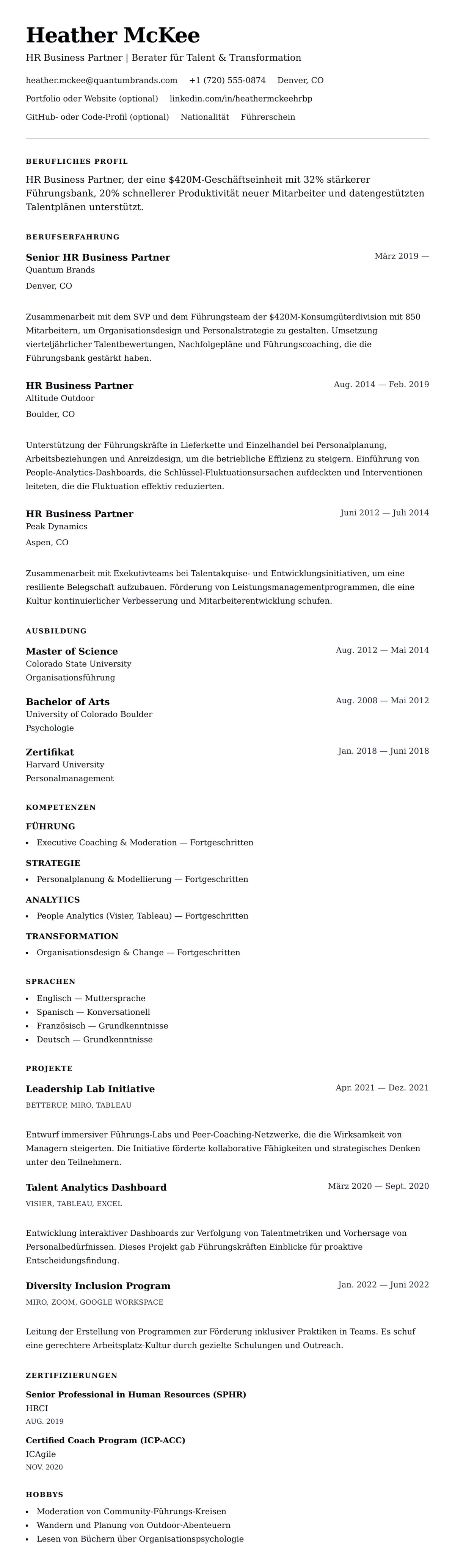 Lebenslaufvorschau für HR Business Partner Lebenslaufbeispiel