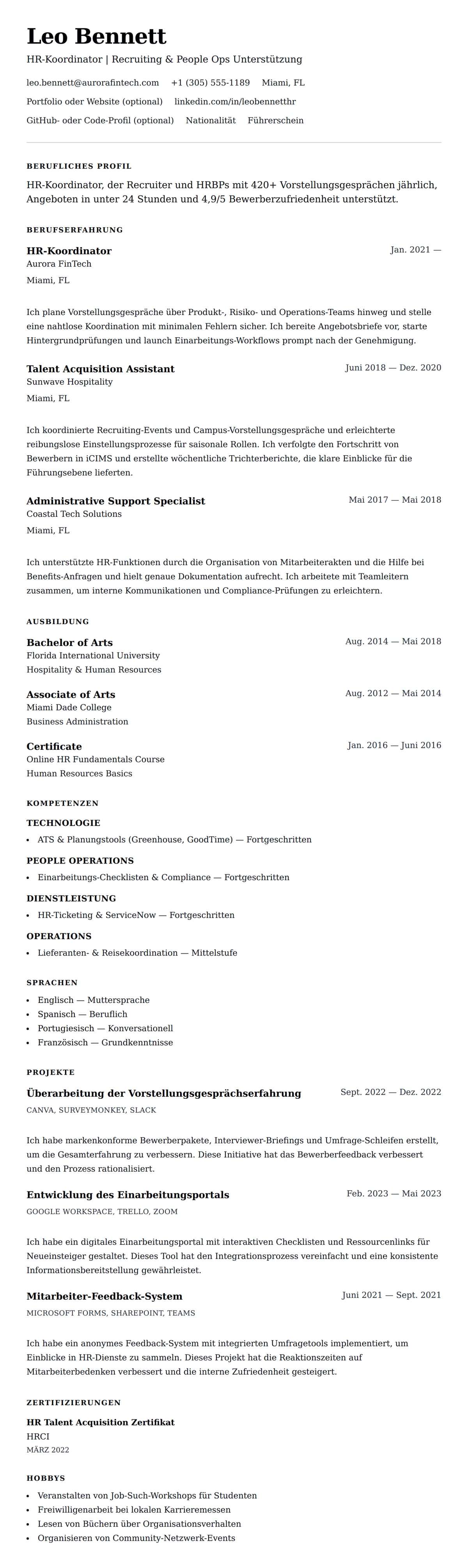 Lebenslaufvorschau für HR-Koordinator Lebenslauf-Beispiel