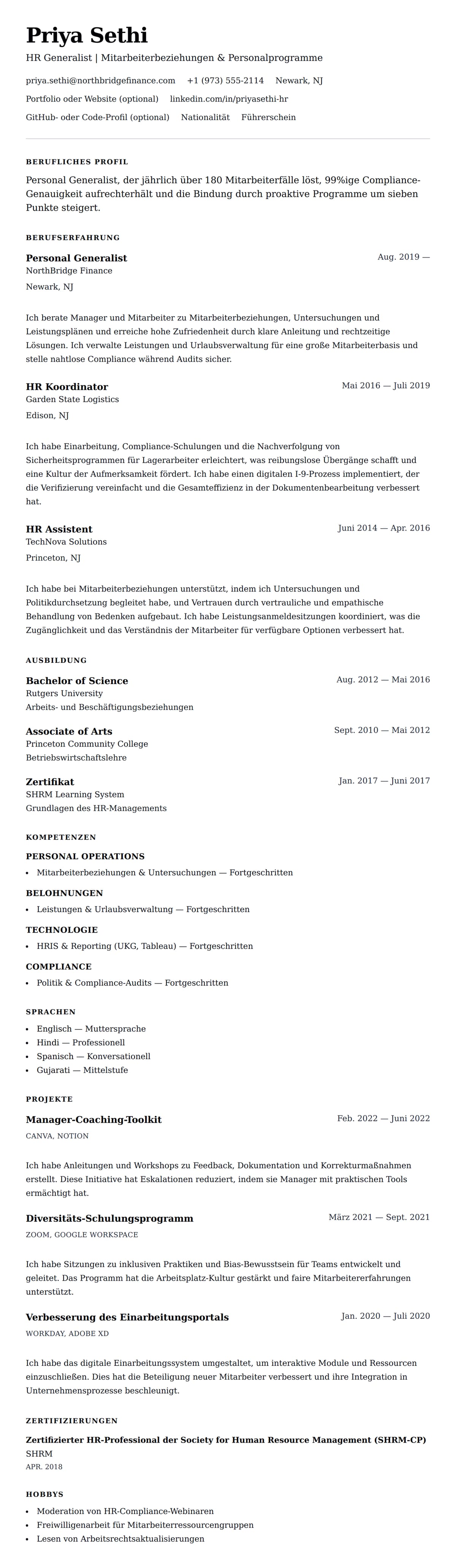 Lebenslaufvorschau für Personal Generalist Lebenslaufbeispiel