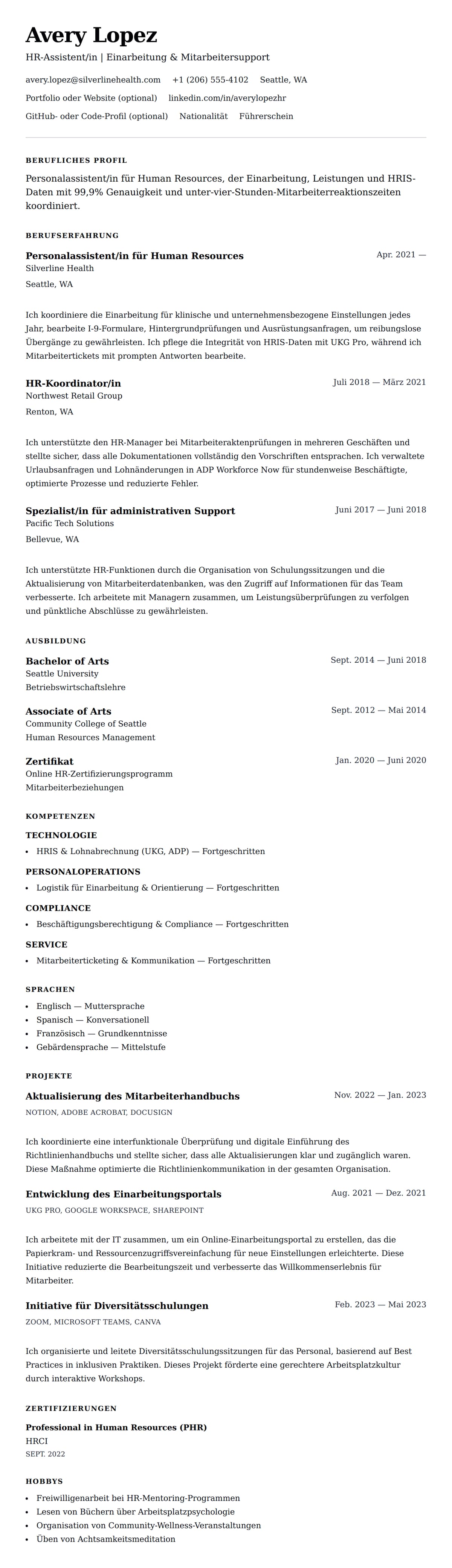 Lebenslaufvorschau für Lebenslaufbeispiel für Personalassistent/in für Human Resources