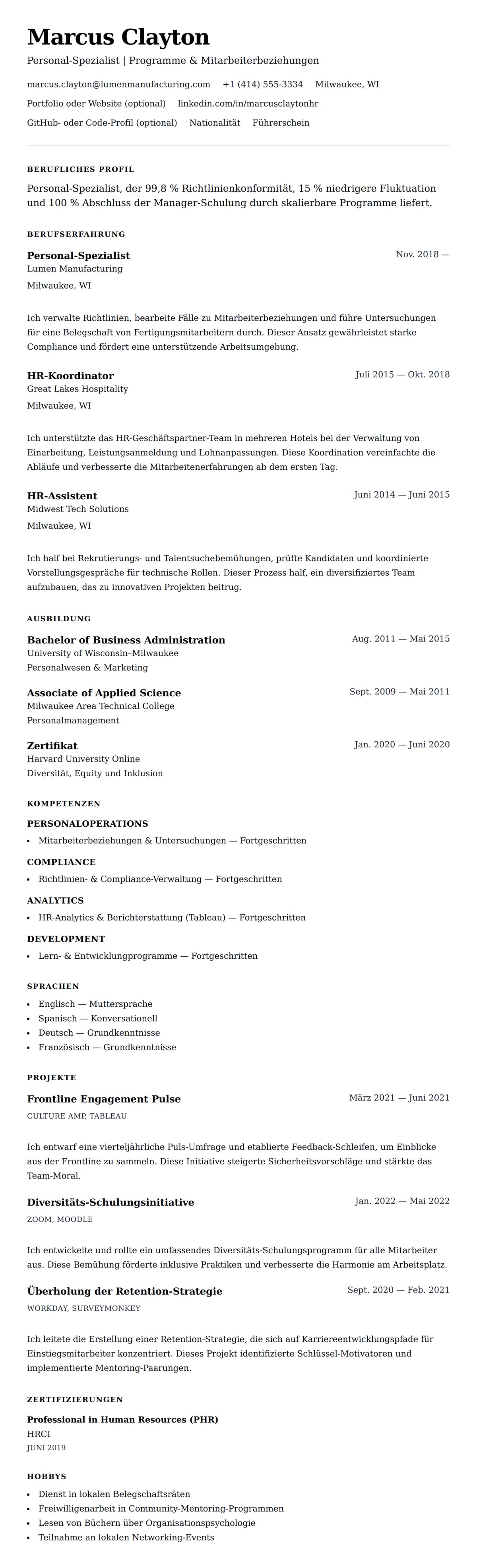 Lebenslaufvorschau für Lebenslauf-Beispiel für Personal-Spezialisten