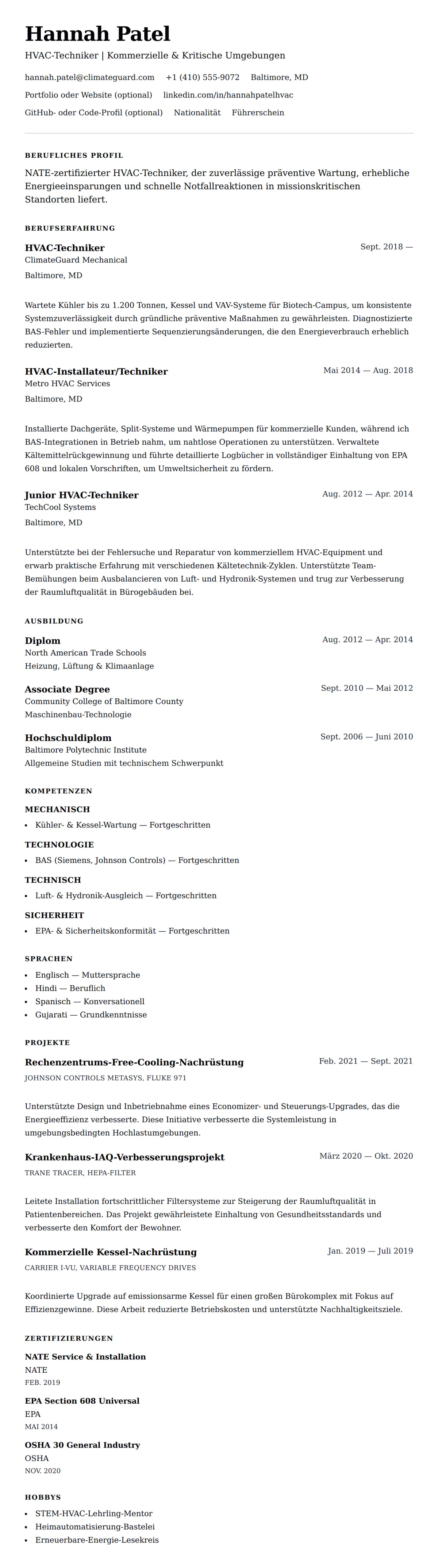Lebenslaufvorschau für HVAC-Techniker Lebenslaufbeispiel