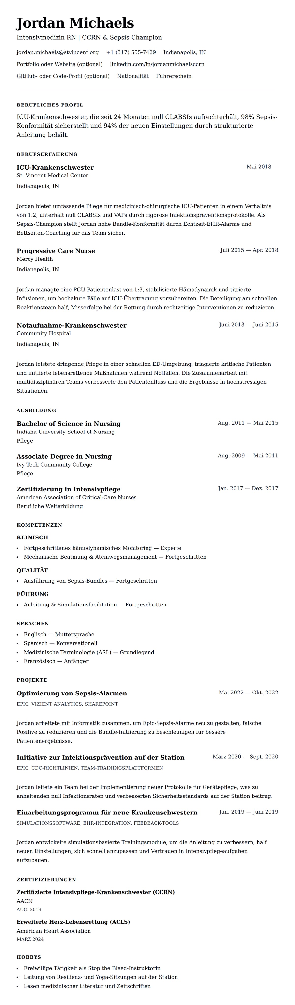 Lebenslaufvorschau für ICU-Krankenschwester Lebenslauf-Beispiel