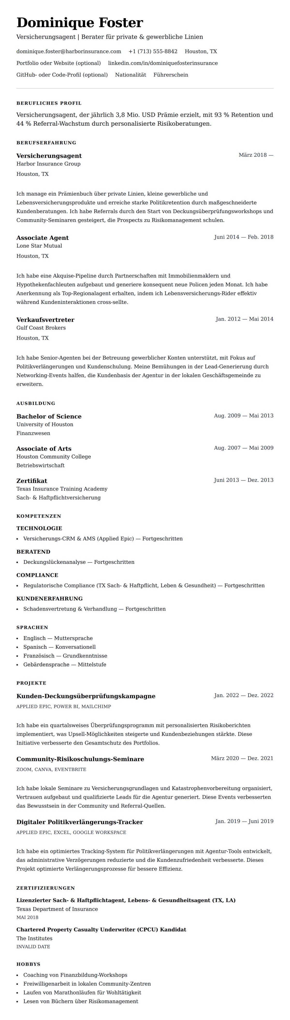 Lebenslaufvorschau für Versicherungsagent Lebenslauf Beispiel