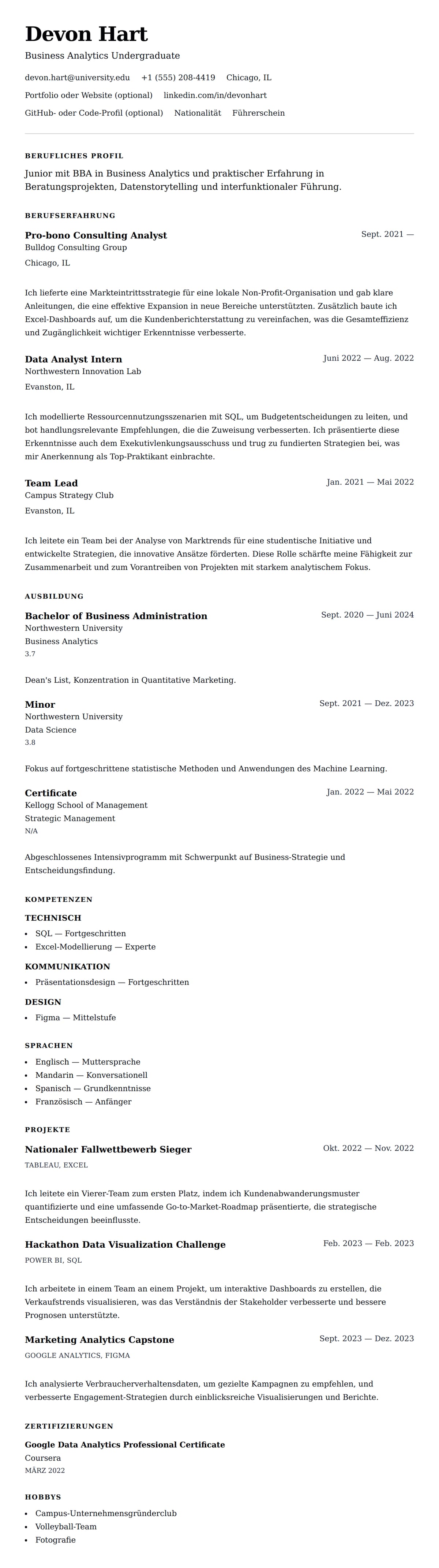 Lebenslaufvorschau für Praktikums-Lebenslauf-Beispiel