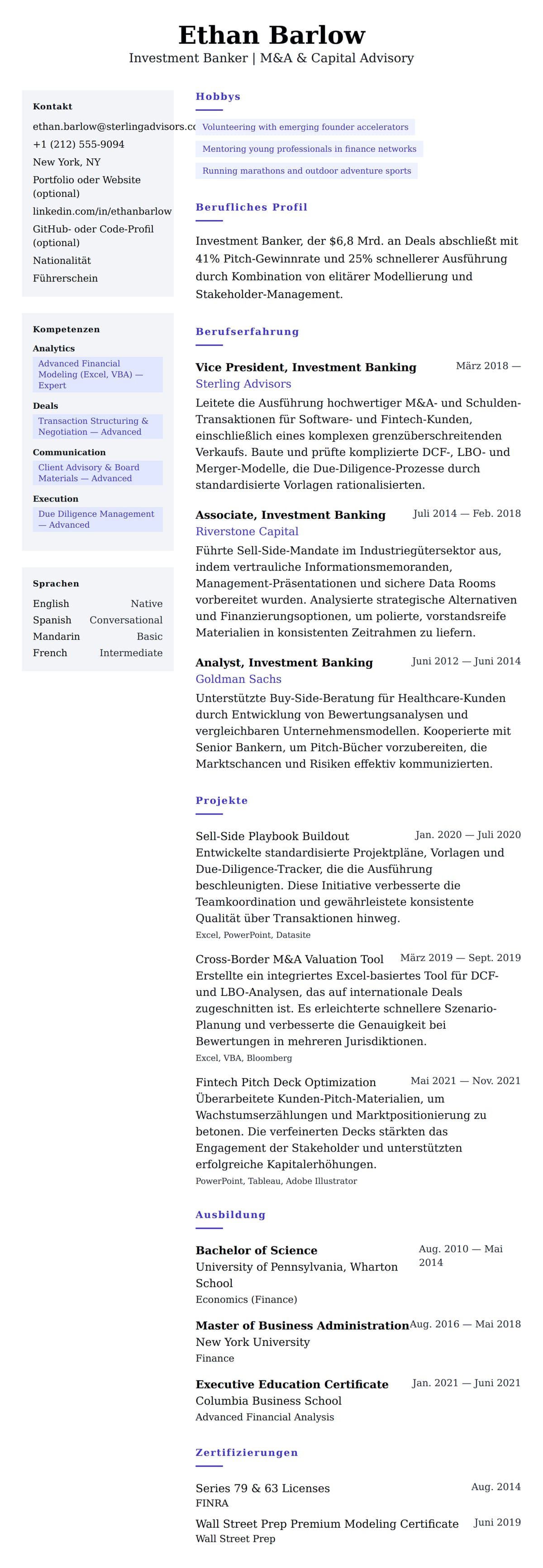 Lebenslaufvorschau für Investment Banker Lebenslauf-Beispiel