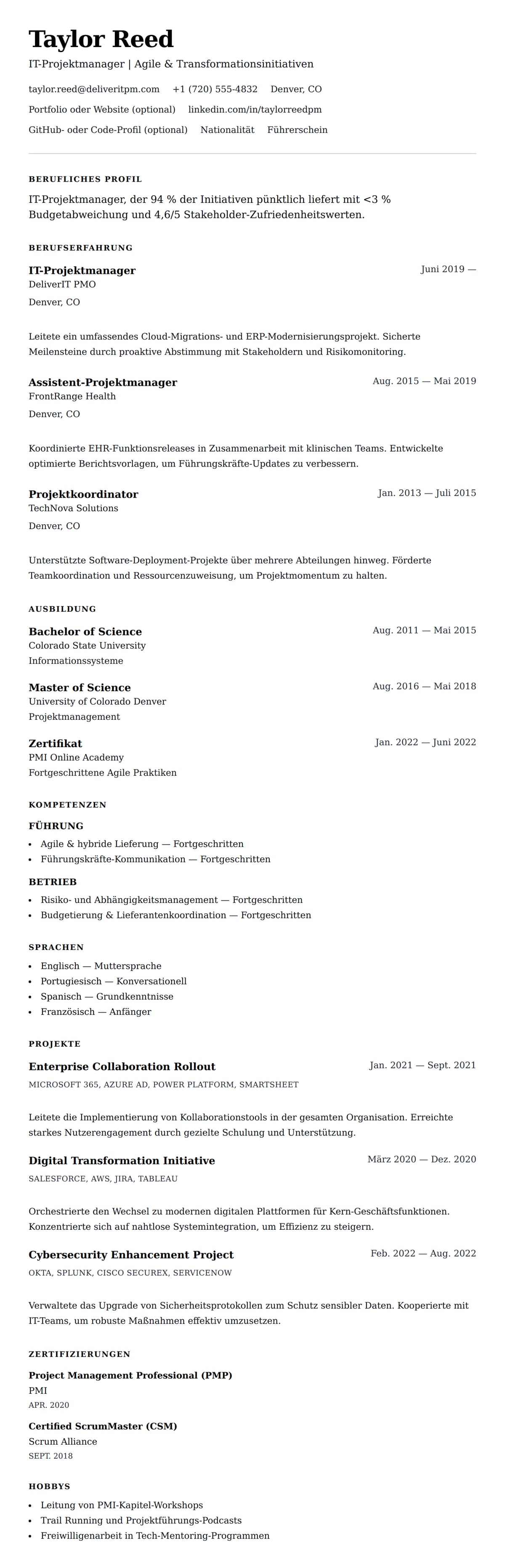 Lebenslaufvorschau für Lebenslaufbeispiel für IT-Projektmanager