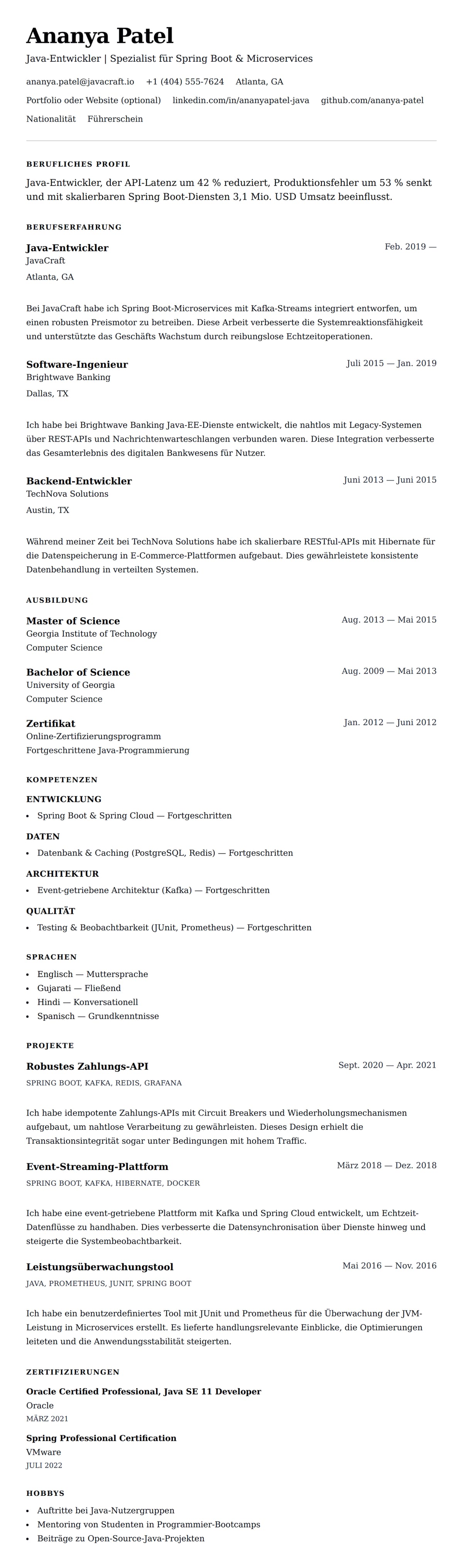 Lebenslaufvorschau für Lebenslaufbeispiel für Java-Entwickler
