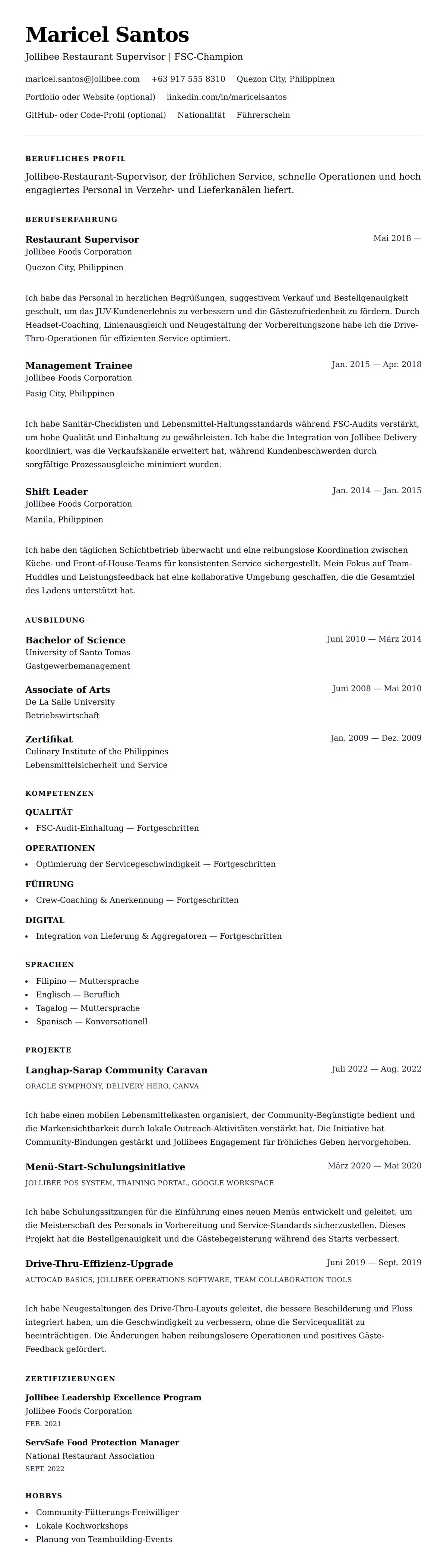 Lebenslaufvorschau für Jollibee Restaurant Supervisor Lebenslaufbeispiel