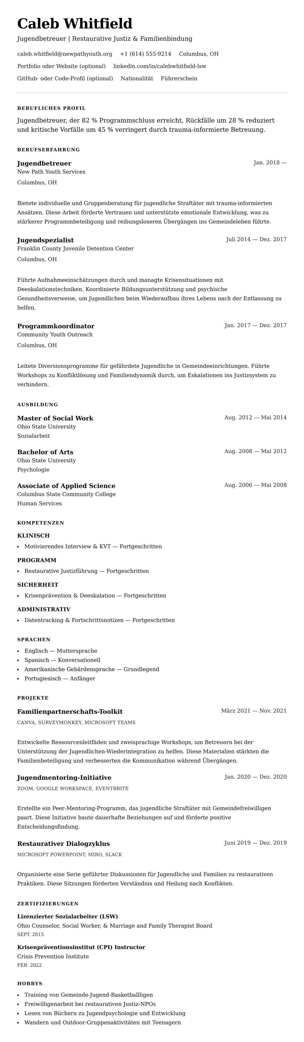 Lebenslaufvorschau für Lebenslaufbeispiel für Jugendbetreuer