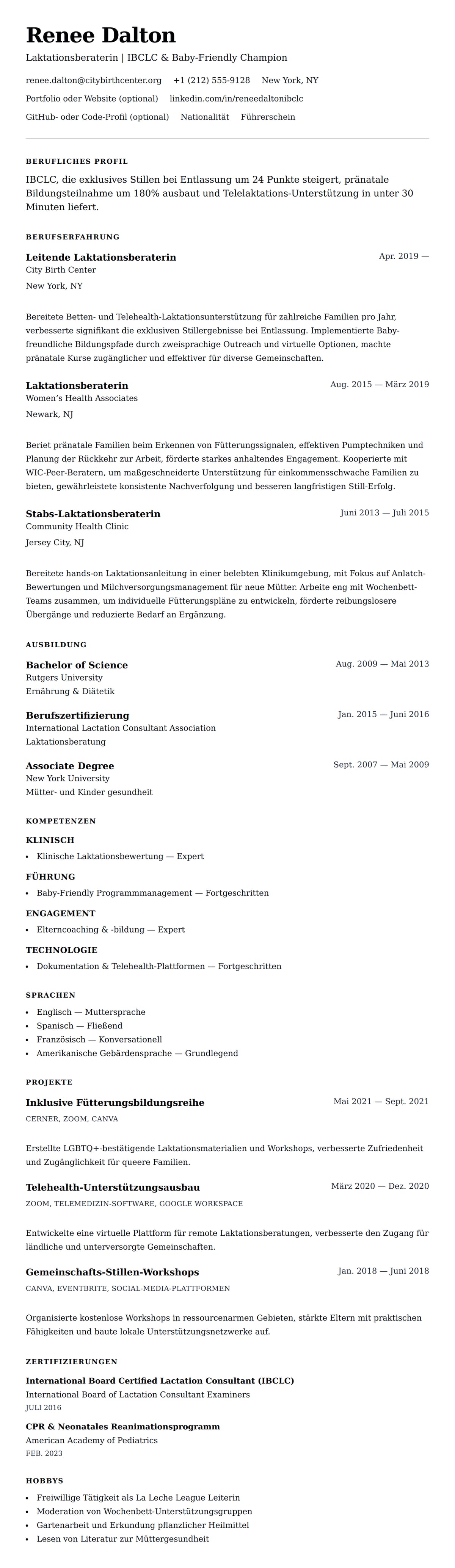 Lebenslaufvorschau für Laktationsberaterin Lebenslauf-Beispiel