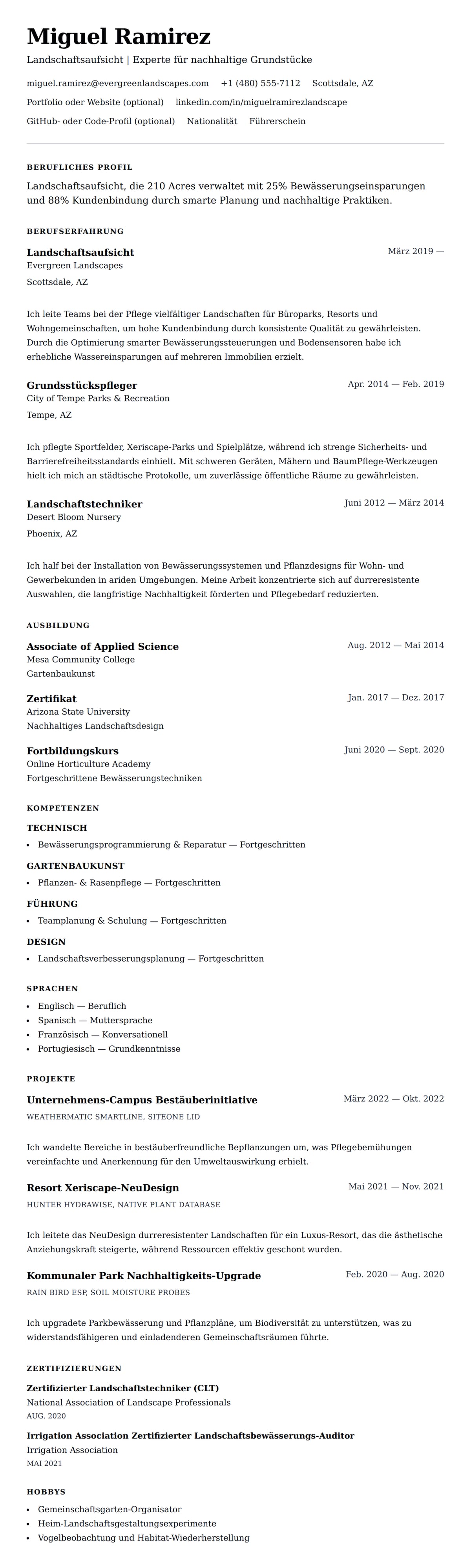 Lebenslaufvorschau für Landschaftsgestaltung Lebenslauf-Beispiel