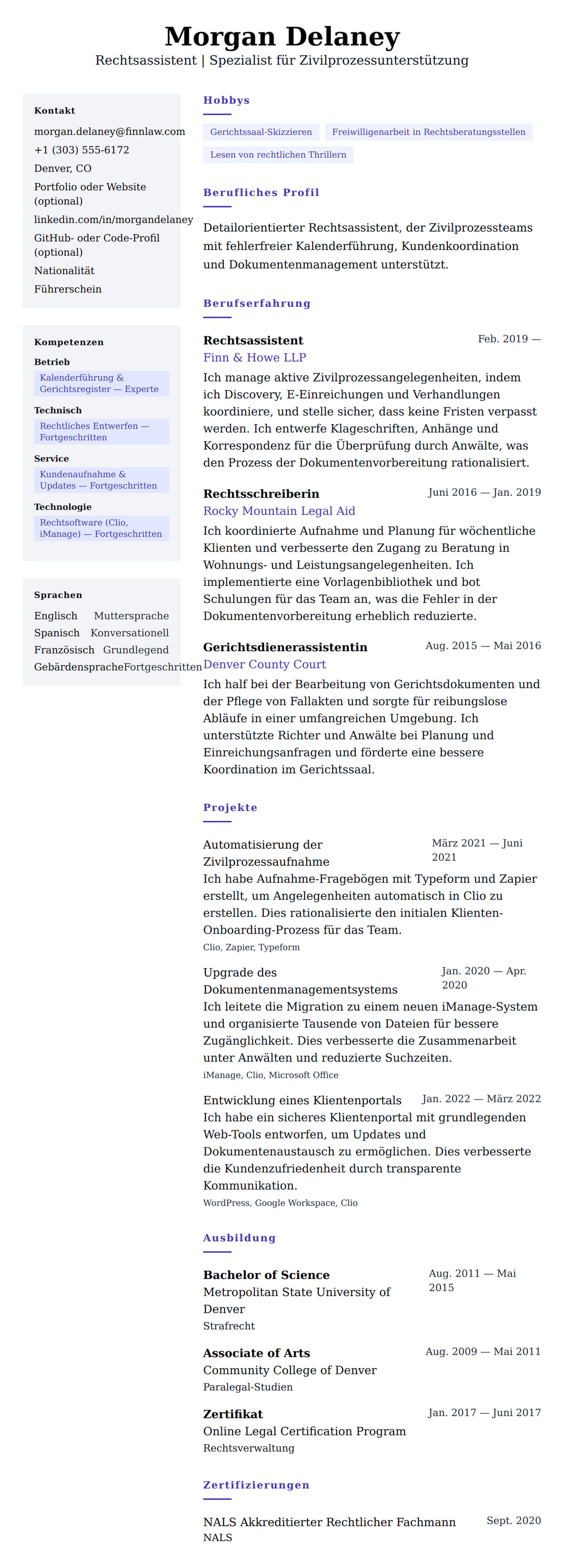 Lebenslaufvorschau für Lebenslaufbeispiel für Rechtsassistenten