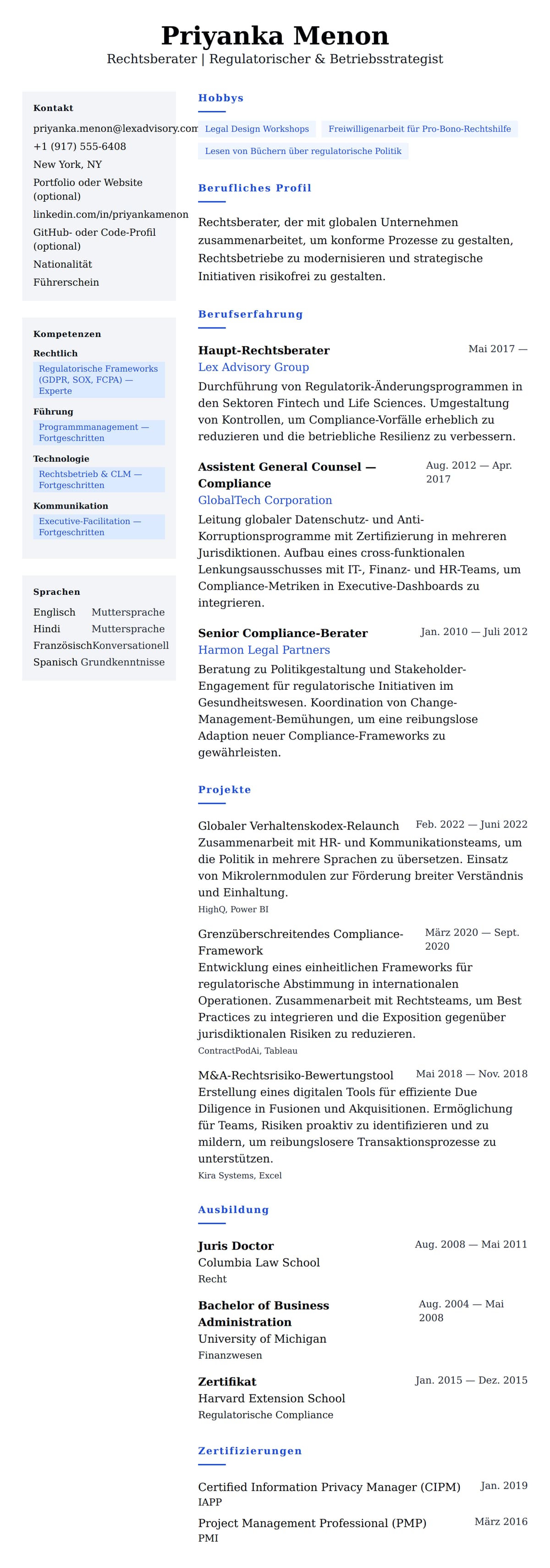 Lebenslaufvorschau für Beispiel-Lebenslauf für Rechtsberater