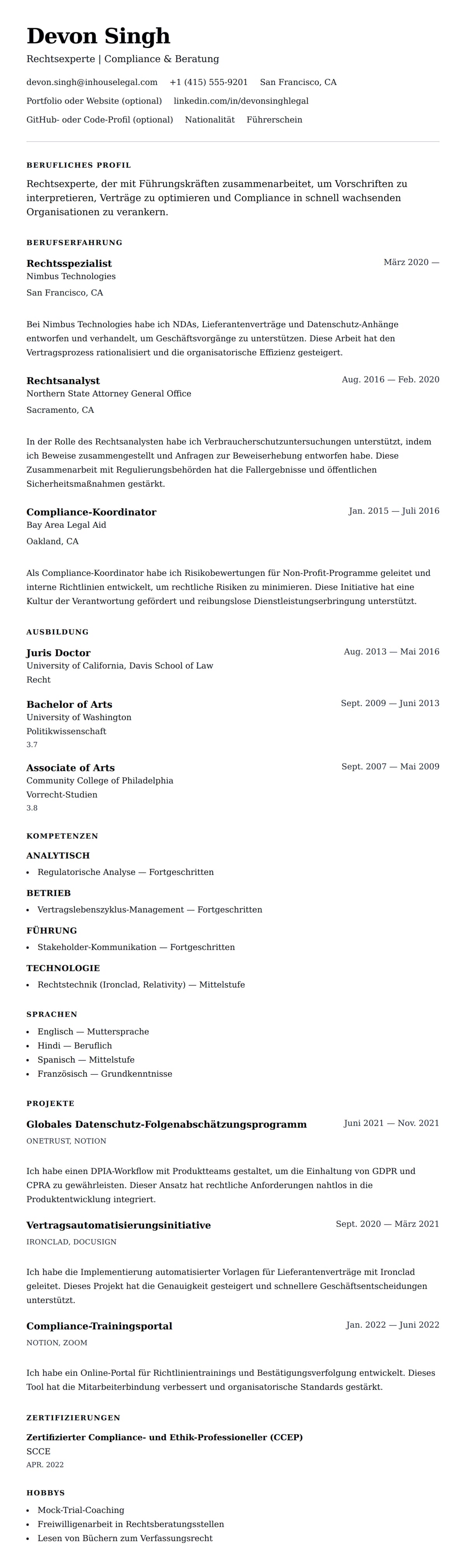 Lebenslaufvorschau für Beispiel-Lebenslauf für Rechtsexperten