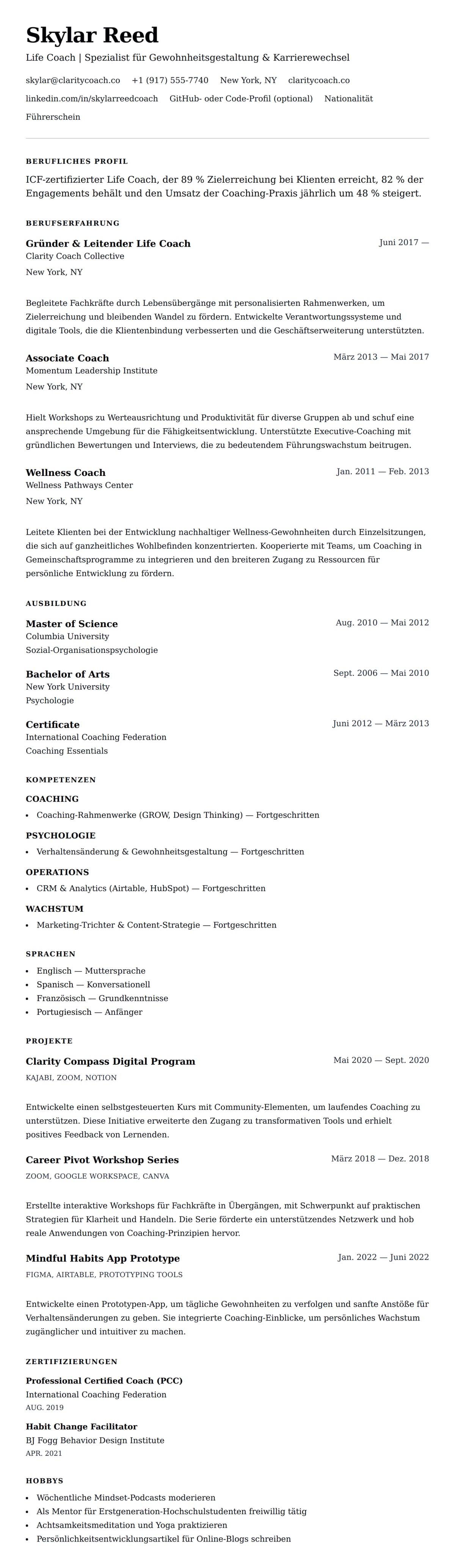Lebenslaufvorschau für Lebens-Coach Lebenslauf-Beispiel