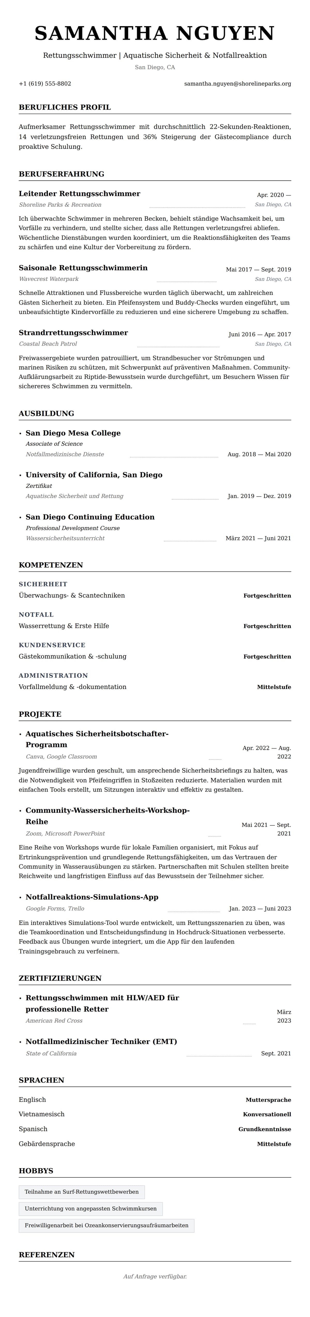Lebenslaufvorschau für Rettungsschwimmer-Lebenslauf-Beispiel