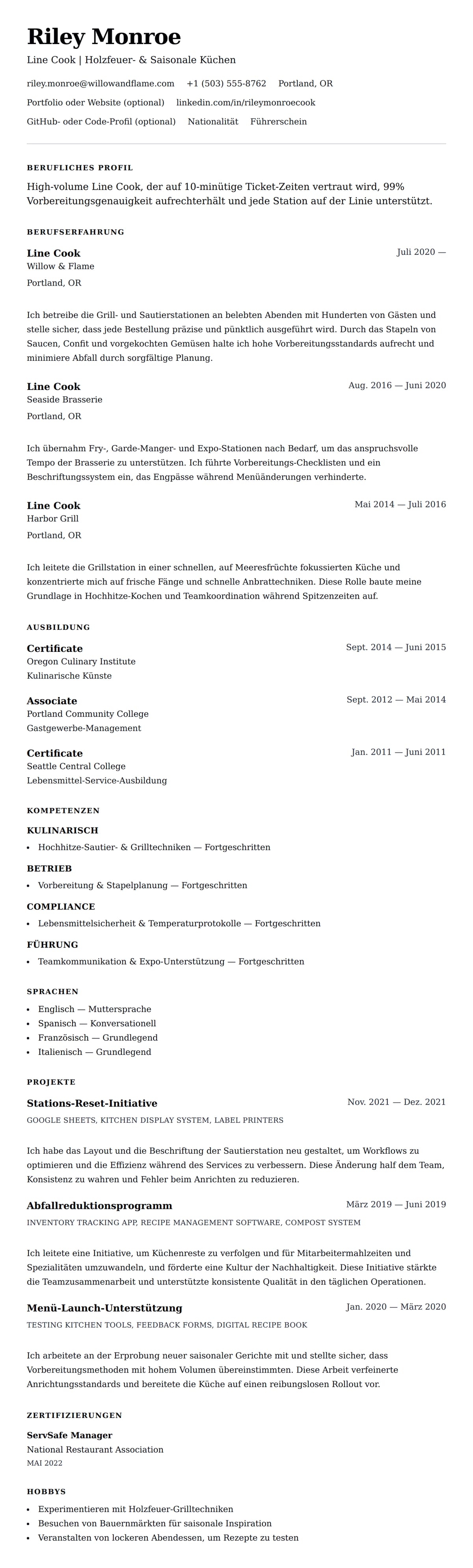 Lebenslaufvorschau für Line Cook Lebenslauf-Beispiel