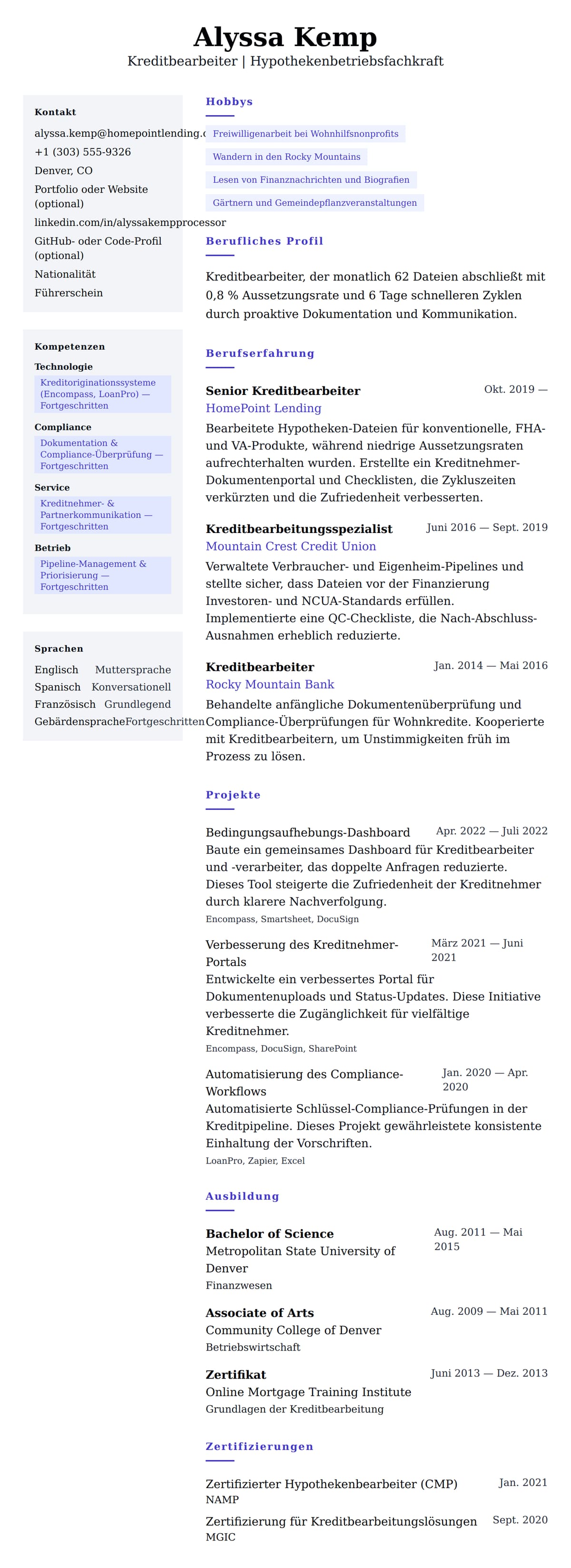 Lebenslaufvorschau für Lebenslaufbeispiel für Kreditbearbeiter