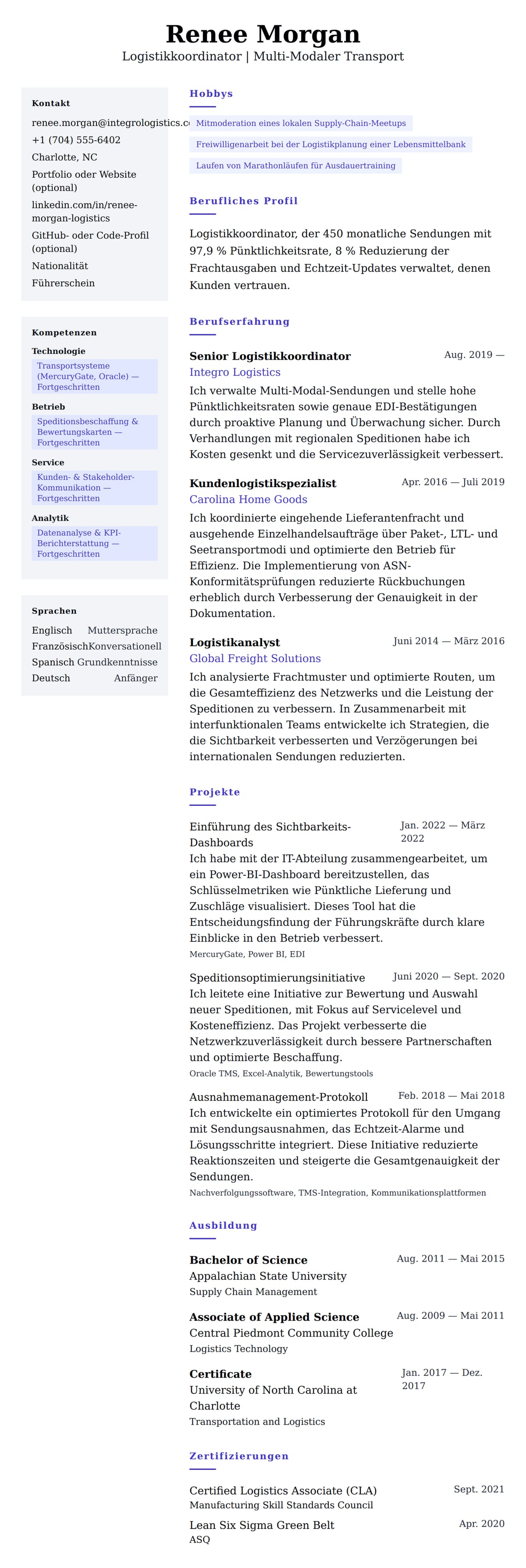 Lebenslaufvorschau für Logistikkoordinator Lebenslaufbeispiel